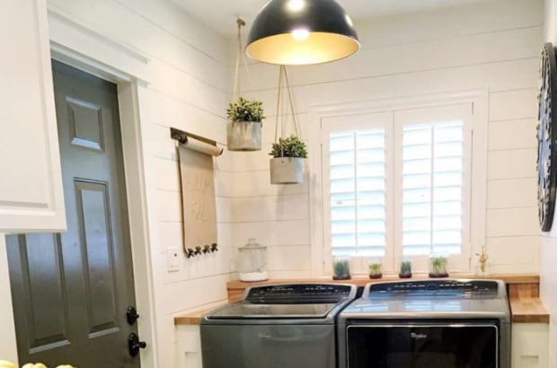 Plantation shutters in a laundry room